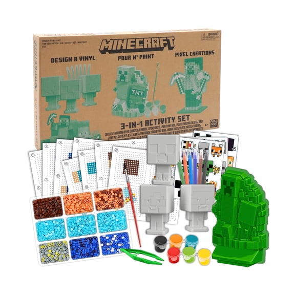 Tara Toy: 3-In-1 Activity Set - Minecraft - Craft Kit, 3 DIY Creations: Design A Vinyl Figure, Pour 'N Paint, Pixel Creations 3D Character, Kid 6+
