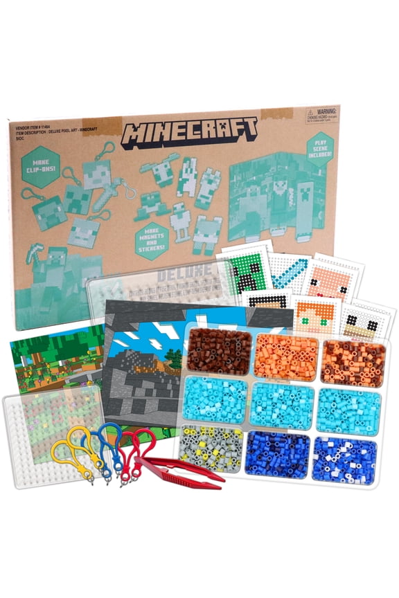Tara Toy: Deluxe Pixel Art - Minecraft - 810pc DIY Bead Craft Kit, Design & Fuse, Make Character Magnets & Stickers, Play Scene, Guide Booklet, Kid 6+