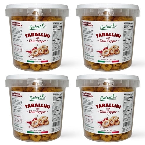Tarallini with Chili Pepper, 2.2 lb (1 kg) – Traditional Italian Pugliese Snack. Oven-Baked Crunchy Crackers. No Sugar Added. Yeast-Free. Vegan (Pack of 4)