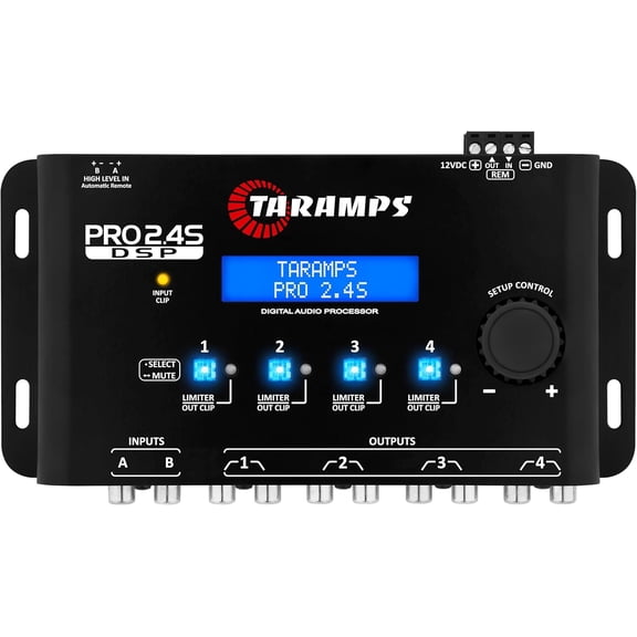 Taramps Pro 2.4S DSP Crossover full Digital Signal Processor and Equalizer with sequencer 15-band Graphic Equalization 12 preset EQ 2-Channel in and 4-Channel Out