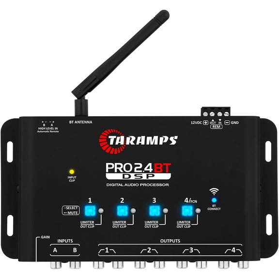 Taramps Pro 2.4 BT Bluetooth DSP Crossover Full, Digital Signal Processor, Car Audio Equalizer with App, Gain up to 9V, 15 Band Graphic Equalization, 12 preset EQ, 2 in and 4 Out, High Level Input