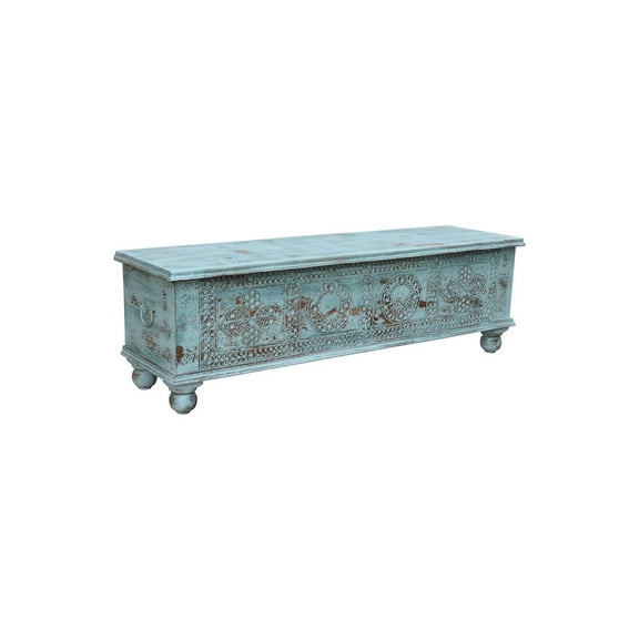 Taran Designs Bailey Carved Solid Wood Storage Ottoman in Blue