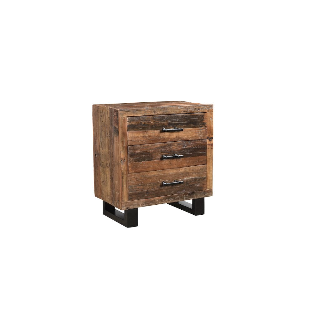 Rustic Brown and Black Distressed Solid Wood Nightstand with 3 Drawers