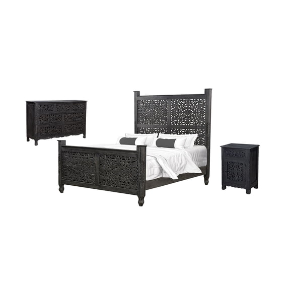 Taran Designs Monte 3-piece Floral Carved Solid Wood Bedroom Set in Black