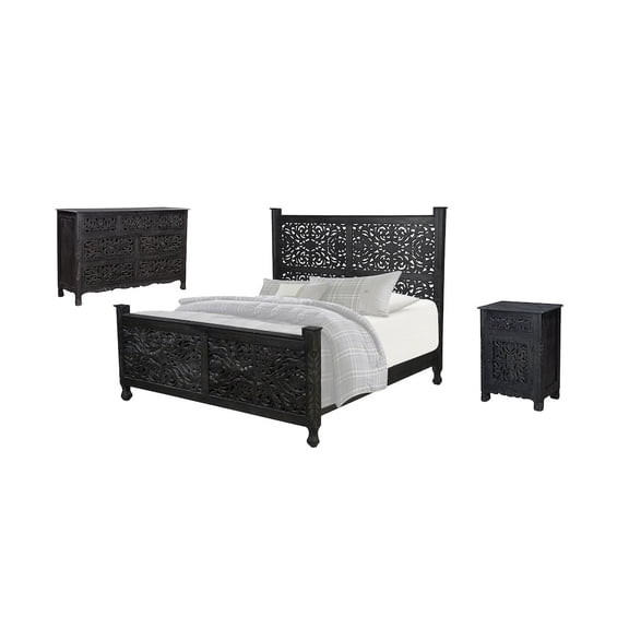 Taran Designs Elowen 3-piece Floral Carved Solid Wood Bedroom Set