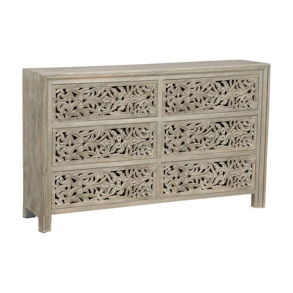 Taran Designs Fillian 6-drawer Floral Carved Solid Wood Dresser in Gray