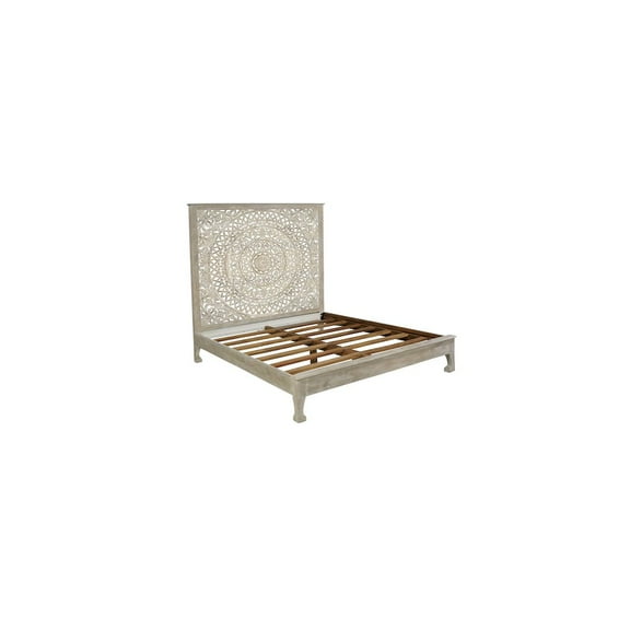 Taran Designs Gianna Floral Carved Solid Wood King Bed in Gray