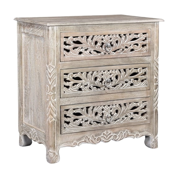 Taran Designs Monte Floral Carved Solid Wood 3-Drawers Nightstand in Gray