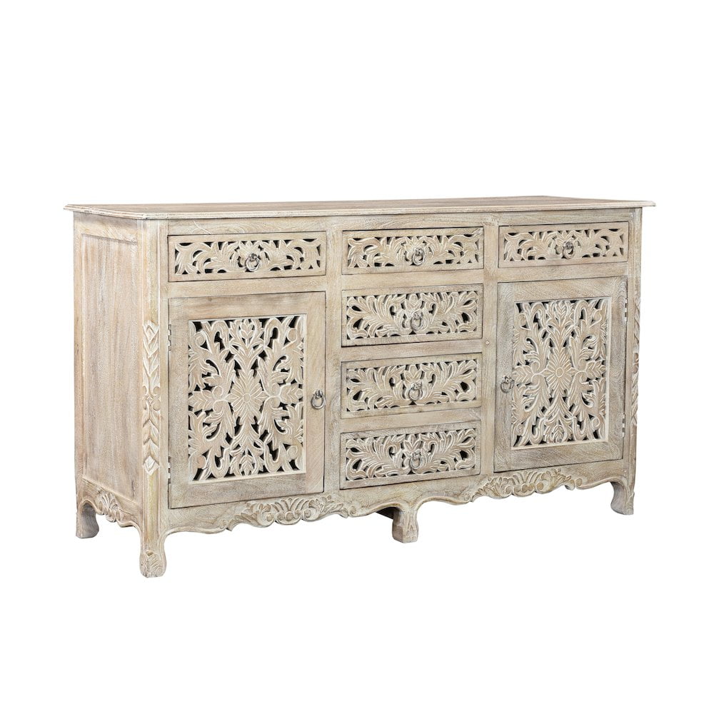 Artisanal White Carved 66" Mango Wood Sideboard with Metal Accents