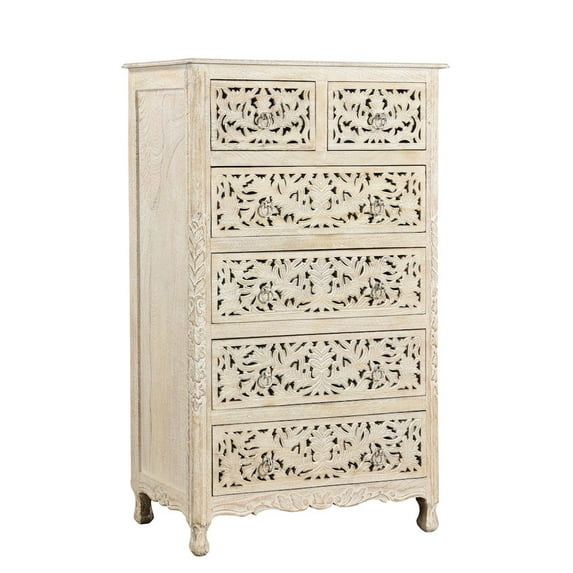 Taran Designs Monte 6-drawer Floral Carved Solid Wood Chest in White