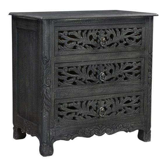 Taran Designs Monte Floral Carved 3-Drawer Wood Nightstand in Speckled Black