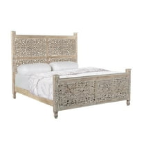 Taran Designs Monte Floral Carved Solid Wood King Panel Bed in Gray