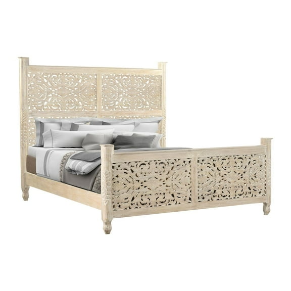 Taran Designs Monte Floral Carved Solid Wood King Panel Bed in White