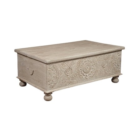 Monte Floral Carved Solid Wood Lift-Top Coffee Table in Weathered White