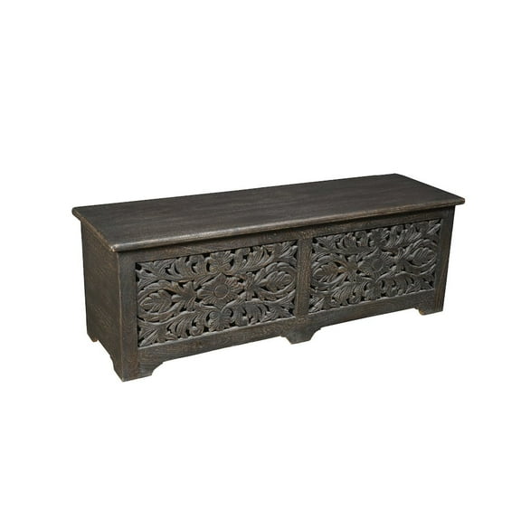 Taran Designs Monte Floral Carved Solid Wood Storage Ottoman in Black