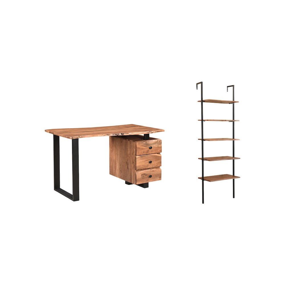 Live Edge Acacia Wood and Black Metal Desk Set