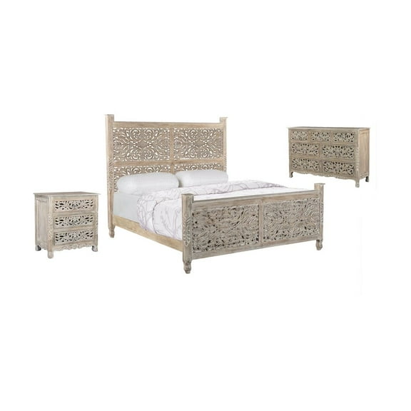 Taran Designs Elowen 3-piece Floral Carved Solid Wood Bedroom Set