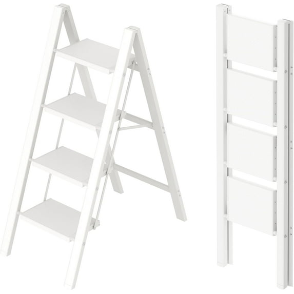4 Step Ladder,Aluminum Lightweight Folding 4 Step Stool with Anti-Slip Wide Pedal,330lbs Capacity Step Ladder for Household,Kitchen,Office - White