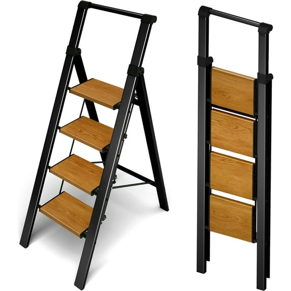 Taranta 4 Step Ladder, Portable Folding Ladder with Wide Pedal, Lightweight Aluminum Step Stool with Convenient Handgrip, 330 lbs Capacity Stepladder for Home, Office - BlackWoodgrain