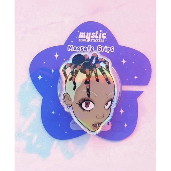 Tarantula on Head Phone Grip - Anime Girl Phone Stand - Spooky Entomology Aesthetic Accessory - Cyber Goth Phone Holder - Unique Iridescent Gift for Spider Lovers