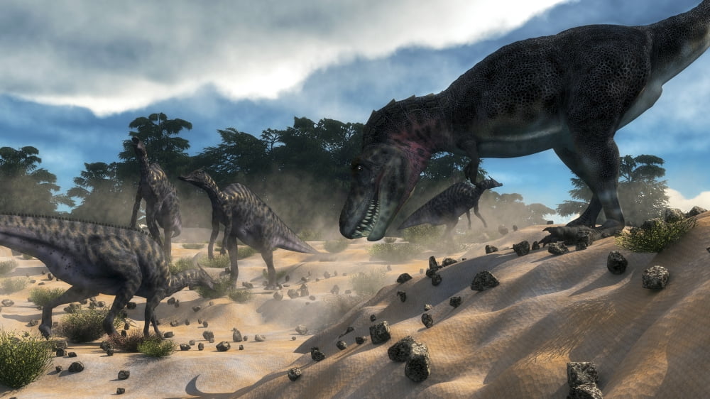 Tarbosaurus surprising a herd of Saurolophus dinosaurs Canvas Art - Elena DuvernayStocktrek Images (38 x 22)