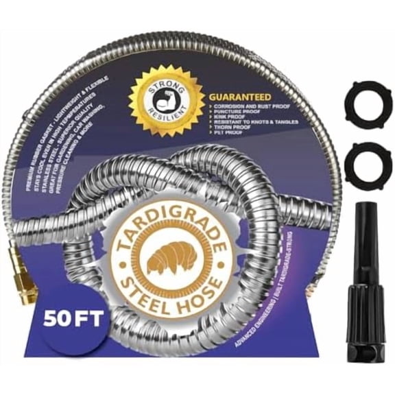 Tardigrade Metal Garden Hose 50 FT, Heavy Duty 304 Stainless Steel Water Hoses, Unmatched Durability, Flexible, No Kink & Tangle, Lightweight, Pet & Rust Proof for Outdoor Lawn Yard