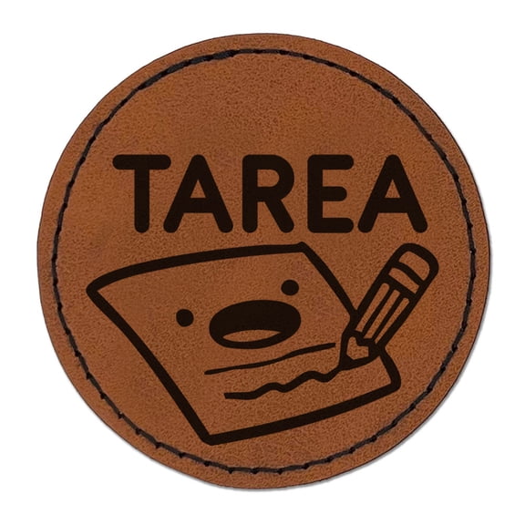 Tarea Spanish Homework Paper Pencil Teacher Stamp Round Iron-On Engraved Faux Leather Patch Applique - 2.5 Inch - Brown