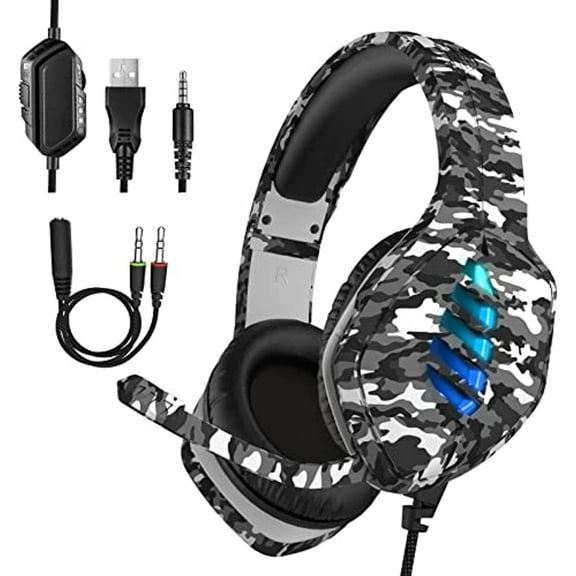 Targeal J1 Over-Ear Gaming Headset, Computer Headset with Noise-Cancelling Mic, Camo & Black