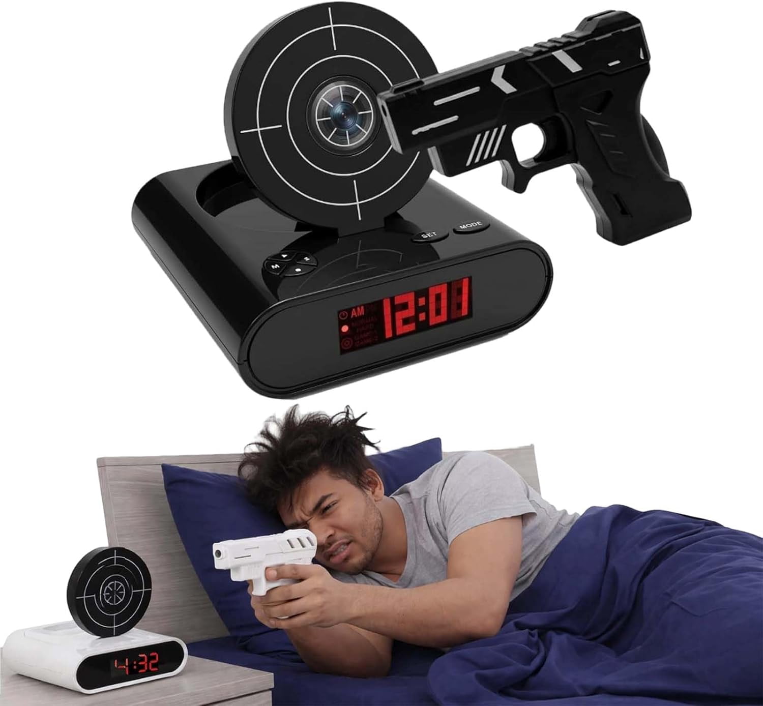 Target Alarm Clock with Gun, Gun and Target Alarm Cloc, Digital Shooting Game Alarm Clock, Interactive Shot Timer, LED Display, Custom Ringtones, 2 Alarm Modes, Fun Bedside Clock for Adults (Black)