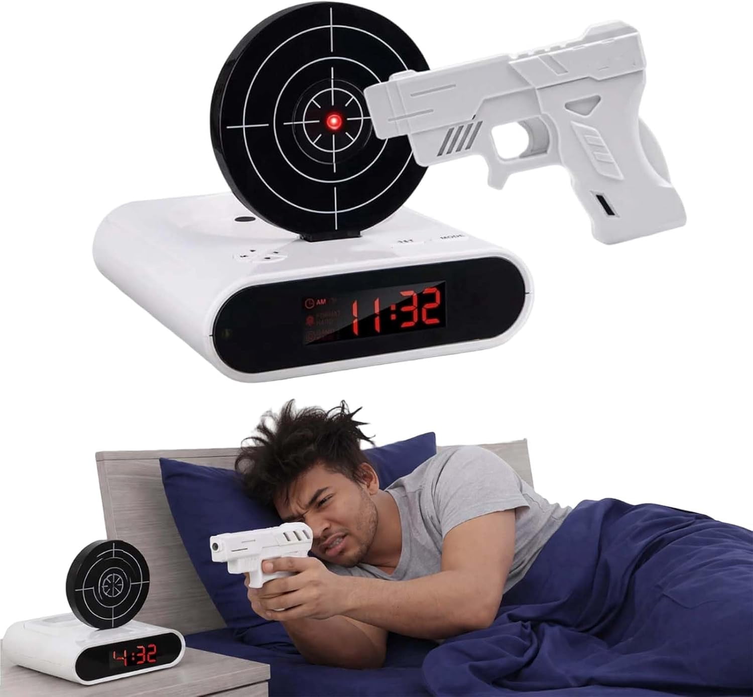 Target Alarm Clock with Gun, Gun and Target Alarm Cloc, Digital Shooting Game Alarm Clock, Interactive Shot Timer, LED Display, Custom Ringtones, 2 Alarm Modes, Fun Bedside Clock for Adults (White)