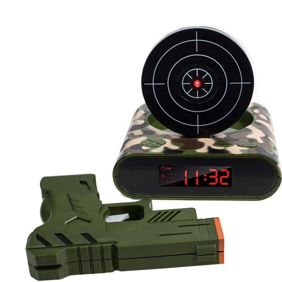 Target Alarm Clock with Gun, Large LED Digital Display Desk Timer, Customizable Voice Recording Morning Routine Trainer, Unique Birthday Gadget Gift for Boys Girls (Green)
