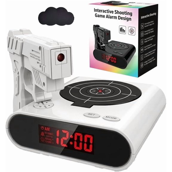 Target Alarm Clock, Shooting Game Alarm Clock with Large LED Display, 2 Alarm Modes, Custom Recordable Ringtones, 5V Powered, Target Shooting for Bedroom, Office & Living Room. (White)