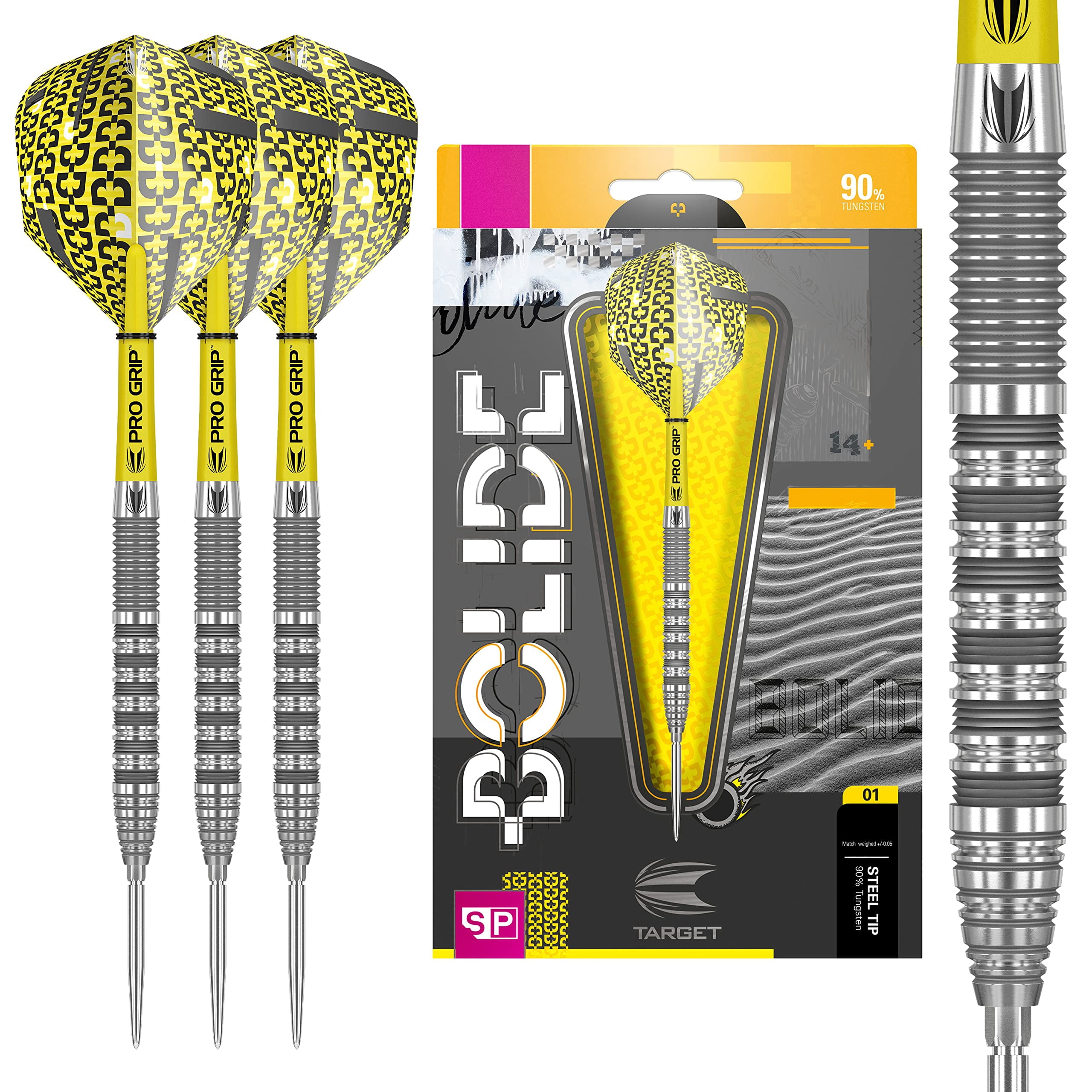 Target Darts Bolide 90% Tungsten Swiss Point Steel Tip Darts Set of 3, Barrel 01, 23 Grams | Featuring Pro Grip Dart Stems, Number 6 Dart Flights, Swiss Points | Professional Darts