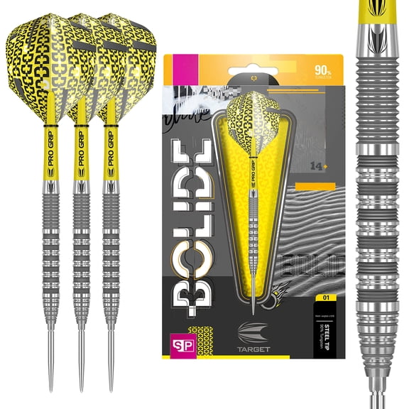 Target Darts Bolide 90% Tungsten Swiss Point Steel Tip Darts Set of 3, Barrel 01, 23 Grams | Featuring Pro Grip Dart Stems, Number 6 Dart Flights, Swiss Points | Professional Darts