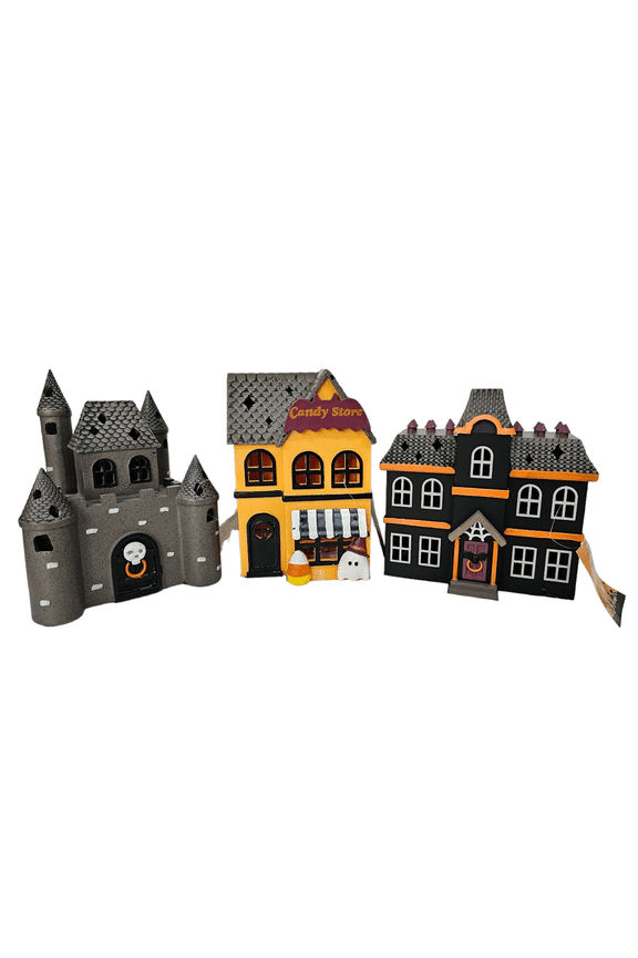 Bullseye Halloweeen Village Houses Haunted House Candy Store Castle Light-Up Set of 3