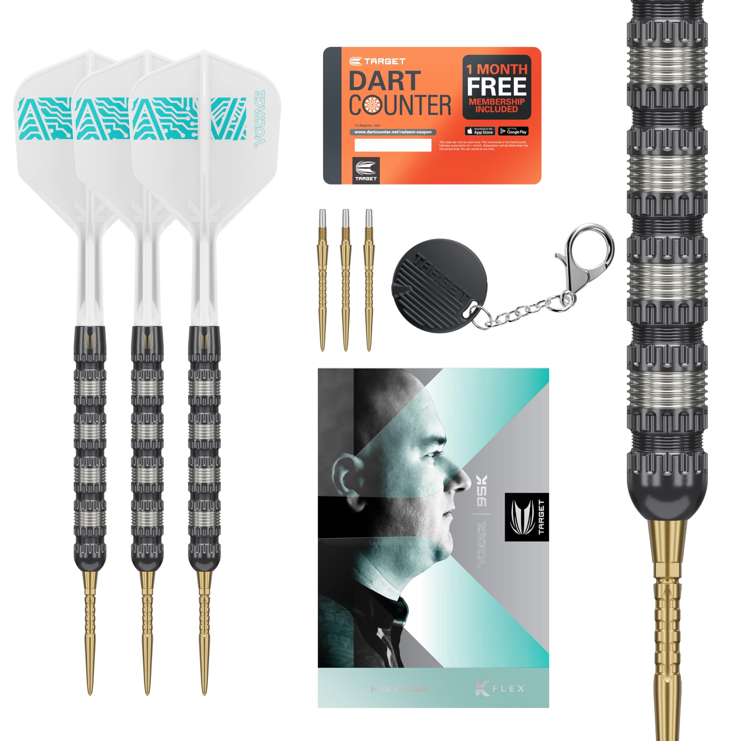 Target Darts Rob Cross 95K Steel Tip Swiss Point Darts, 95% Tungsten Darts with K-Flex Flights, 21G | Voltage Darts, Player Edition Swiss Points K Flex Dart Set, Swiss Point Tool Included