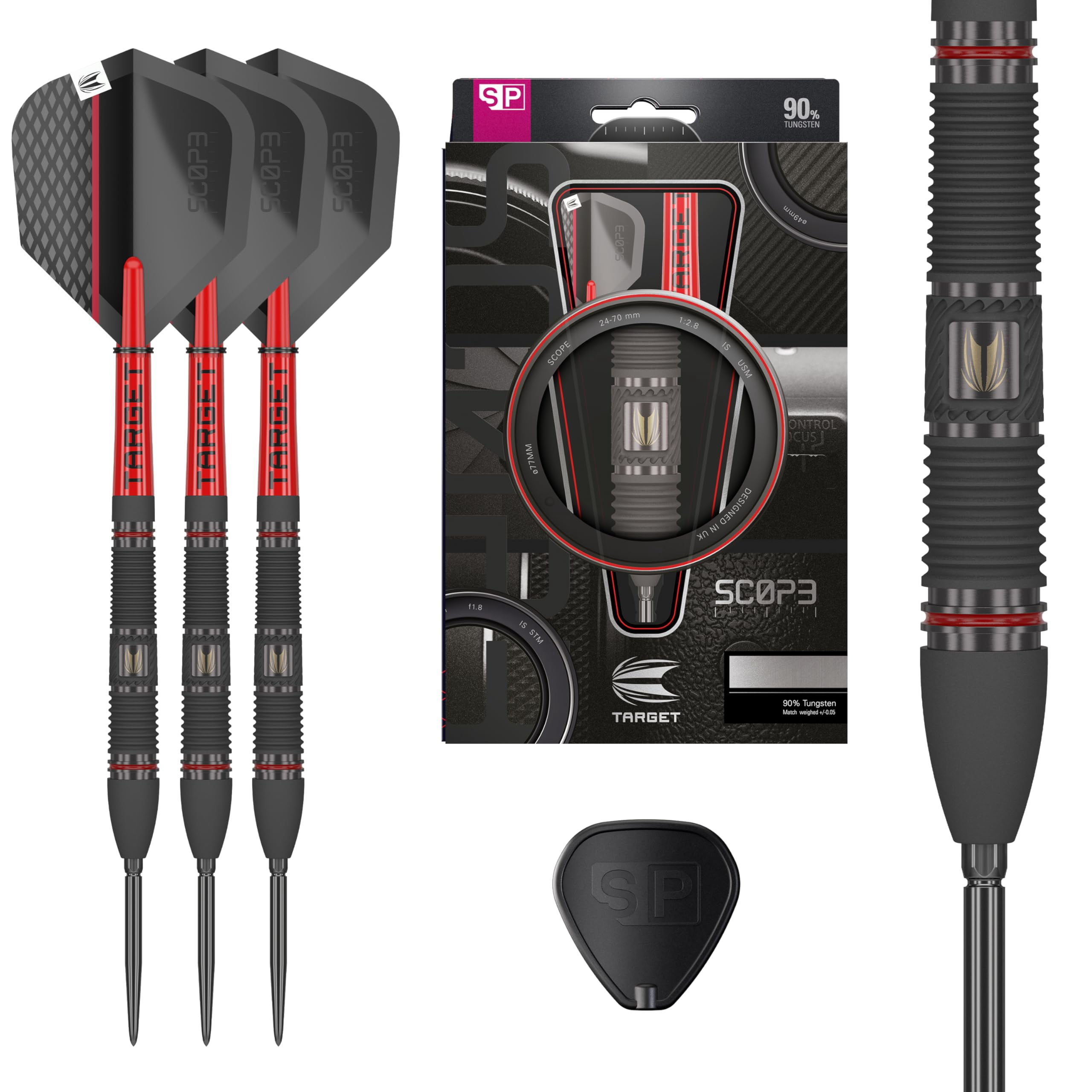 Target Darts Scope Steel Tip Swiss Point Darts, 90% Tungsten Dart Set, Barrel 02-25G | Steel Tip Dart Sets, Red & Black Darts, Professional Dart Set with Swiss Points & Tool