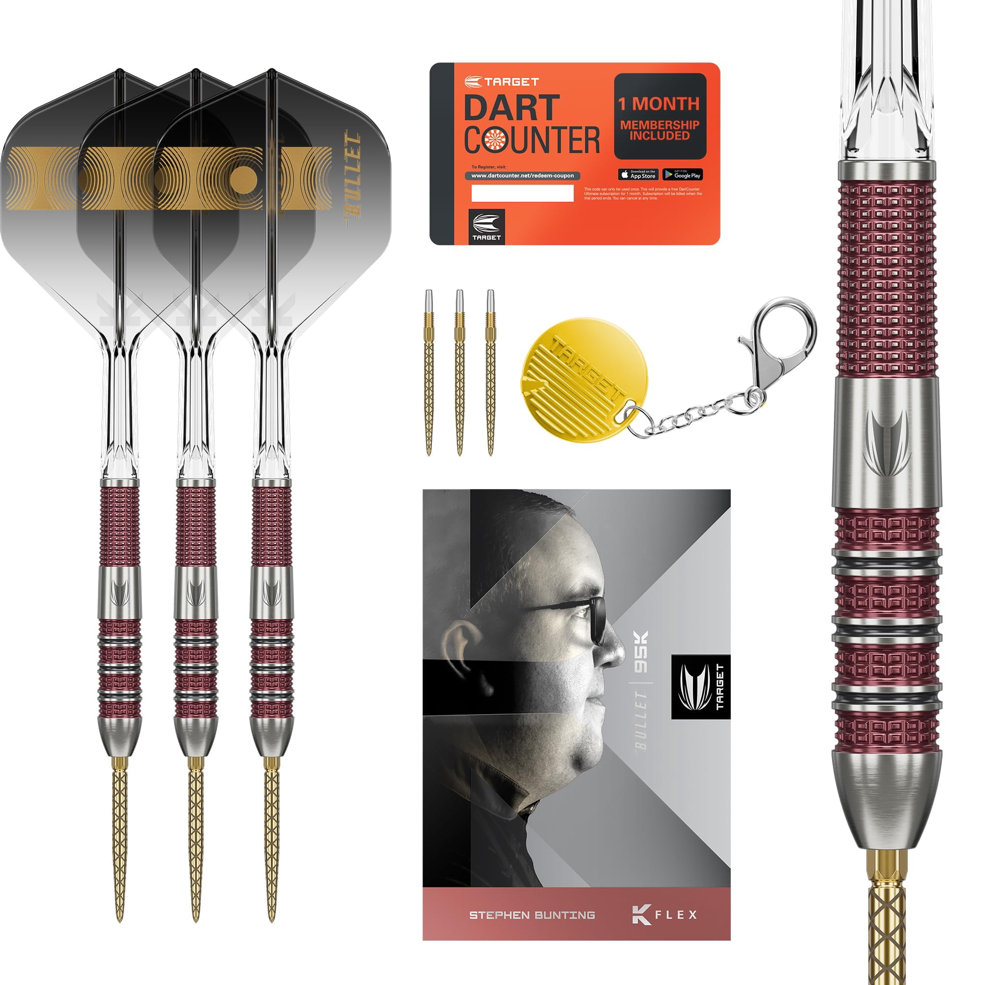 Target Darts Stephen Bunting 95K Swiss Point Steel Tip Dart Set, 23G | Kflex Flights & Shafts, The Bullet Player Edition 95% Tungsten Darts, Spare Gold DX Points & Premium Keyring SP Tool