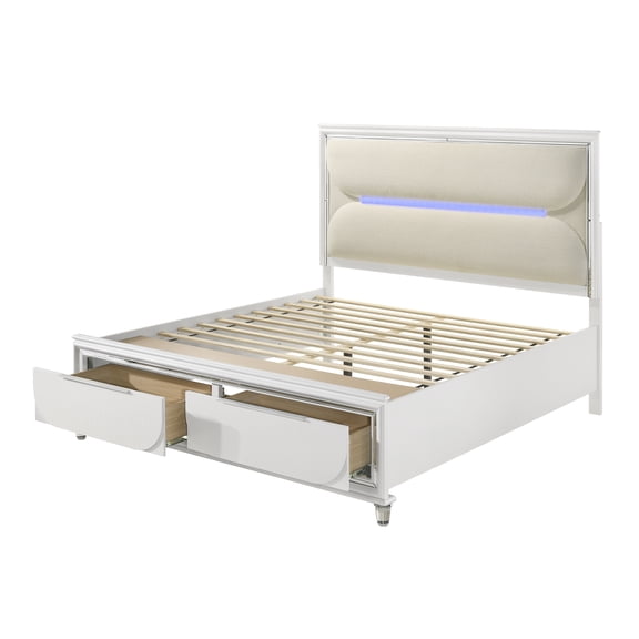 Tarian White Boucle & Pearl White Finish Queen Bed W/LED & Storage