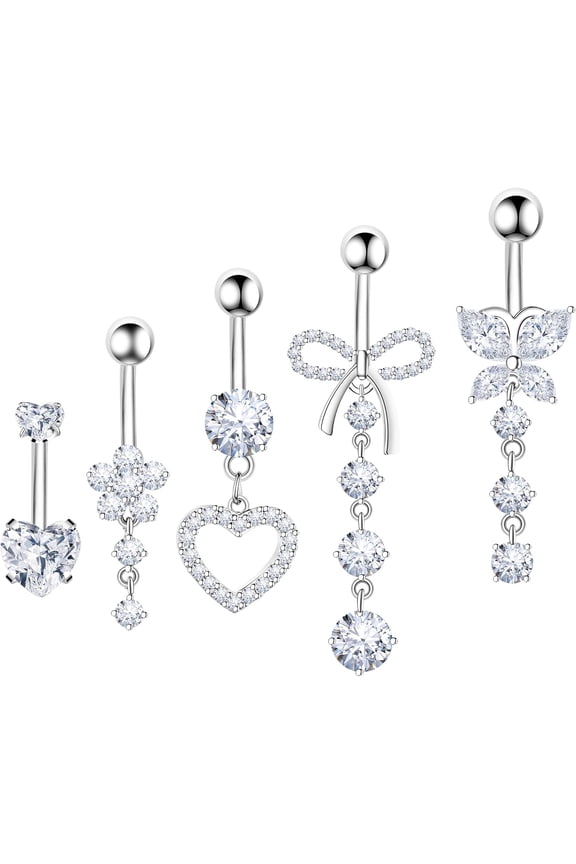 14G Stainless Steel Dangle Belly Button Ring Set Cute Pink CZ Heart Butterfly Flower Navel Piercing for Women Dainty Dangling Belly Button Jewelry