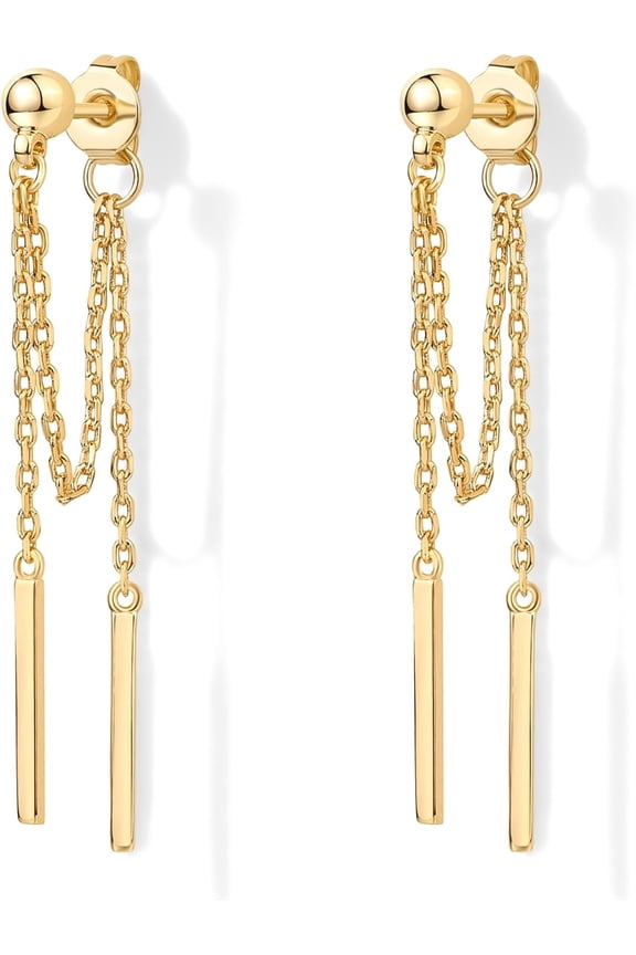 18K Gold Plated 925 Sterling Silver Posts Drop Dangle Chain Earrings for Women | Dangling Chain Studs | Cubic Zirconia Ball Threader Earscapes Earrings