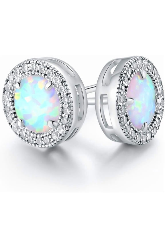 18K Rose Gold Plated or White Gold Plated Created Opal Halo Stud