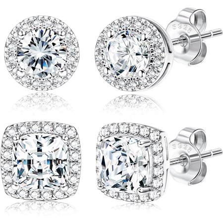 Tarien 18K white gold plated halo earrings, 925 sterling silver cubic zirconia earrings, round and square zirconia earring set, unisex.