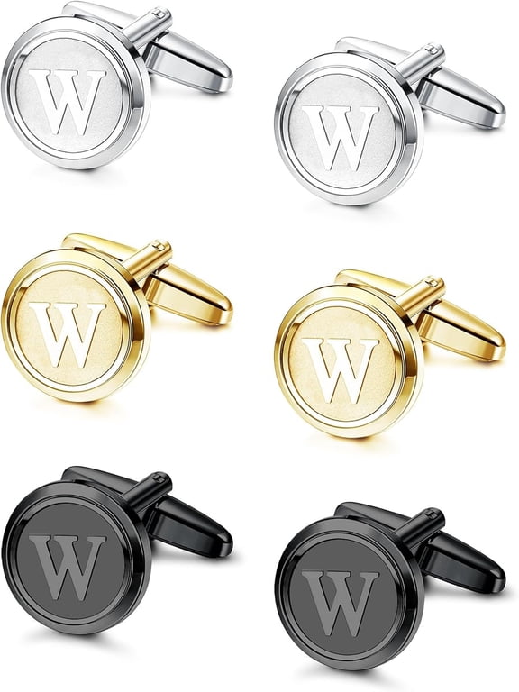 3 Pairs Initial Cufflinks For Men Classic Mens CuffLinks Set Letter Cuff Links for Casual to Formal with Gift Box Silver Black 14K gold plated Cufflinks for Father Husband