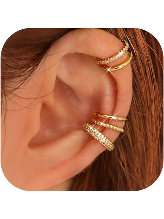 4 Pairs Ear Cuffs Non Piercing - 14K Gold Plated Ear Cuff Earrings for Women Ear Cuff for Non Pierced Ears Clip on Cartilage Earring Adjustable Fake Earrings Set