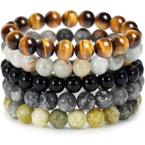 BOOTOOL 5PCS Semi-Precious Gemstone Bracelet - Healing Crystal Stone Beaded Bracelets for Women Men 8mm Round Beaded Stretch Bracelets Unisex Yoga Bracelets