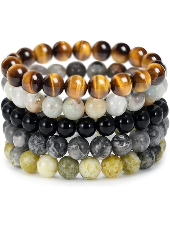 5PCS Semi-Precious Gemstone Bracelet - Healing Crystal Stone Beaded Bracelets for Women Men 8mm Round Beaded Stretch Bracelets Unisex Yoga Bracelets