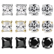 BOOTOOL 6 Pairs Magnetic Stud Earrings for Adults, Stainless Steel with AAA+ CZ, Round & Square Combo Set 6mm/8mm Options