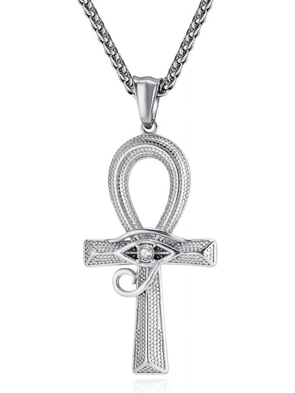 Ankh Eye Cross Necklace - Stainless Steel Egyptian Eye of Horus Pendant - Pharaoh King Amulet Jewelry