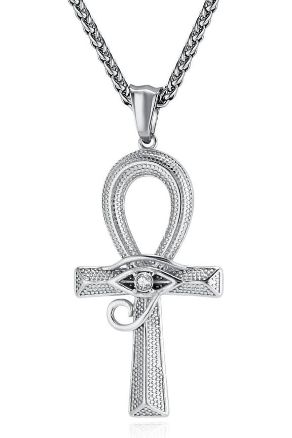 Ankh Eye Cross Necklace - Stainless Steel Egyptian Eye of Horus Pendant - Pharaoh King Amulet Jewelry